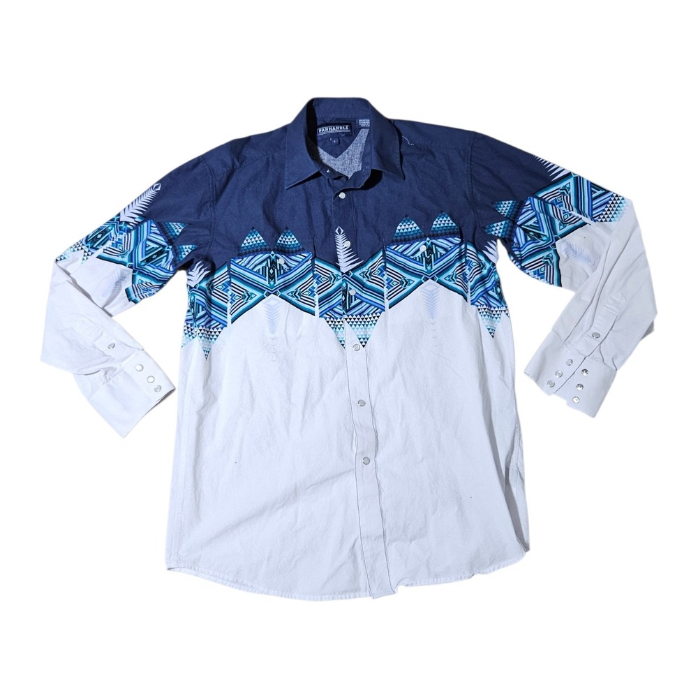 Panhandle Southwestern Border Shirt Long Sleeve Pearl Snap Aztec Blue Mens Large